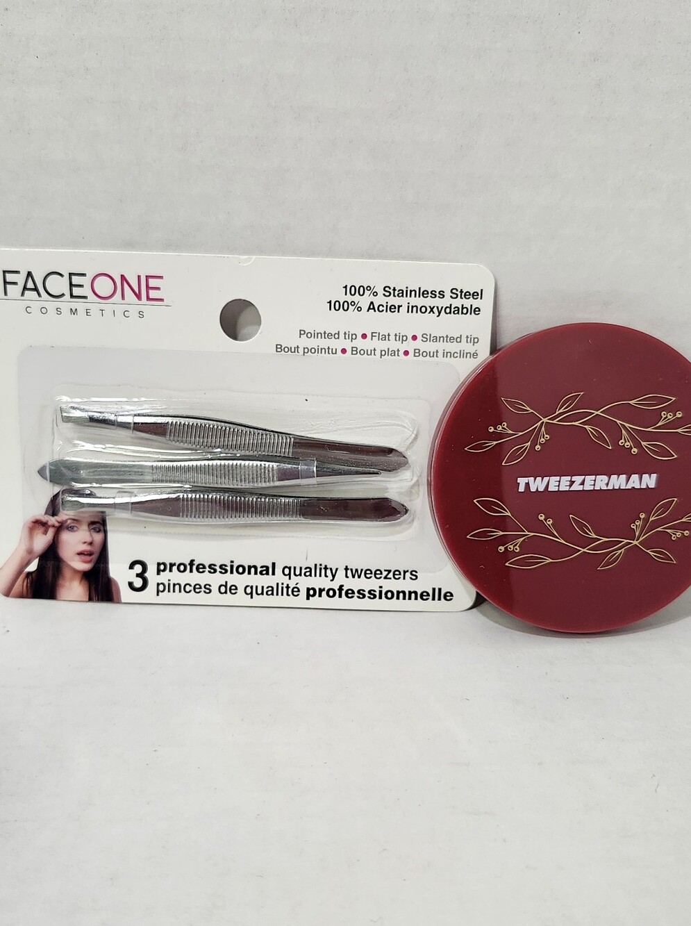 Red Compact Mirror & FaceOne Stainless Steel Tweezer Set